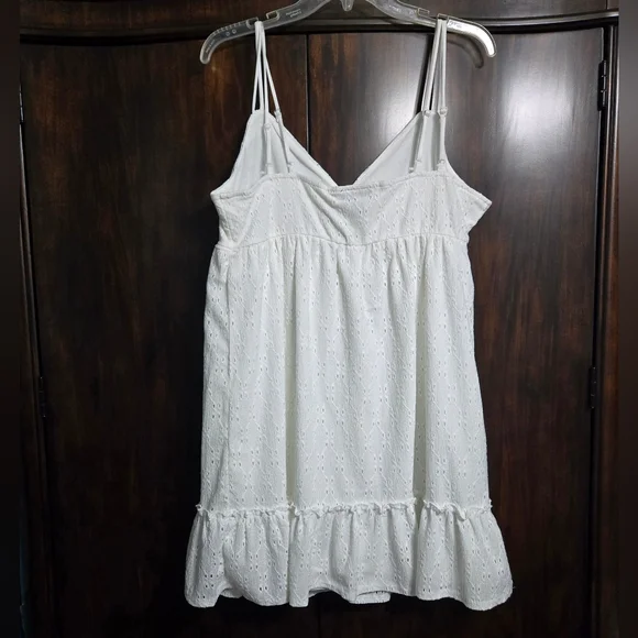 All White Mini Spaghetti Strap Dress Eyelets Ruffles Lined, XL - Picture 2 of 11